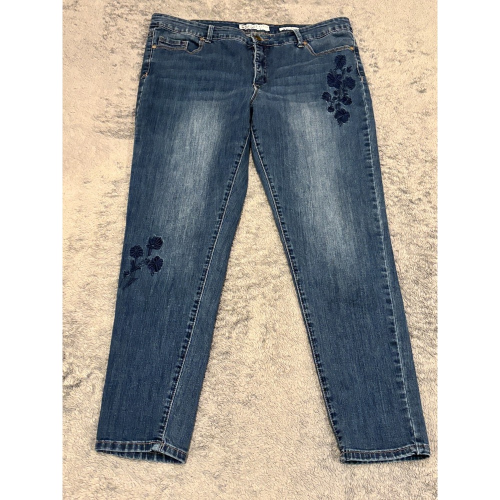 Anne Klein Jeans Womens 36x28 Floral Embroidered Skinny Ankle Blue Denim Dark